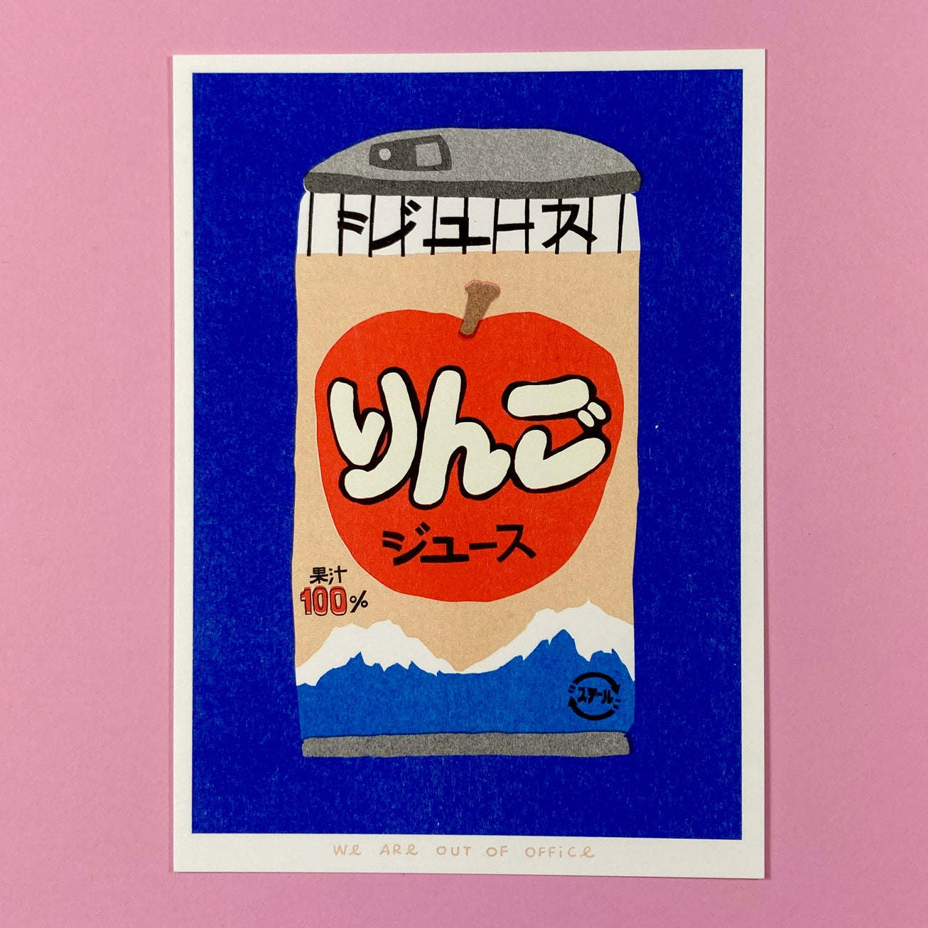 Colorful risograph print by We Are Out Of Office showing a can of Japanese apple juice with Mount Fuji in the background, printed in red, blue, and beige tones on eco-friendly paper – modern pop art wall decor for design lovers.