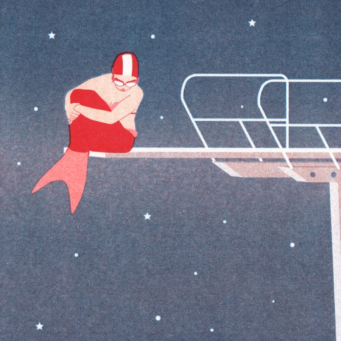 Art print of a modern mermaid sitting on a diving board under a starry sky in a swimming pool, risograph by French illustrator Doriane Millet – limited edition A4 illustration printed in France.