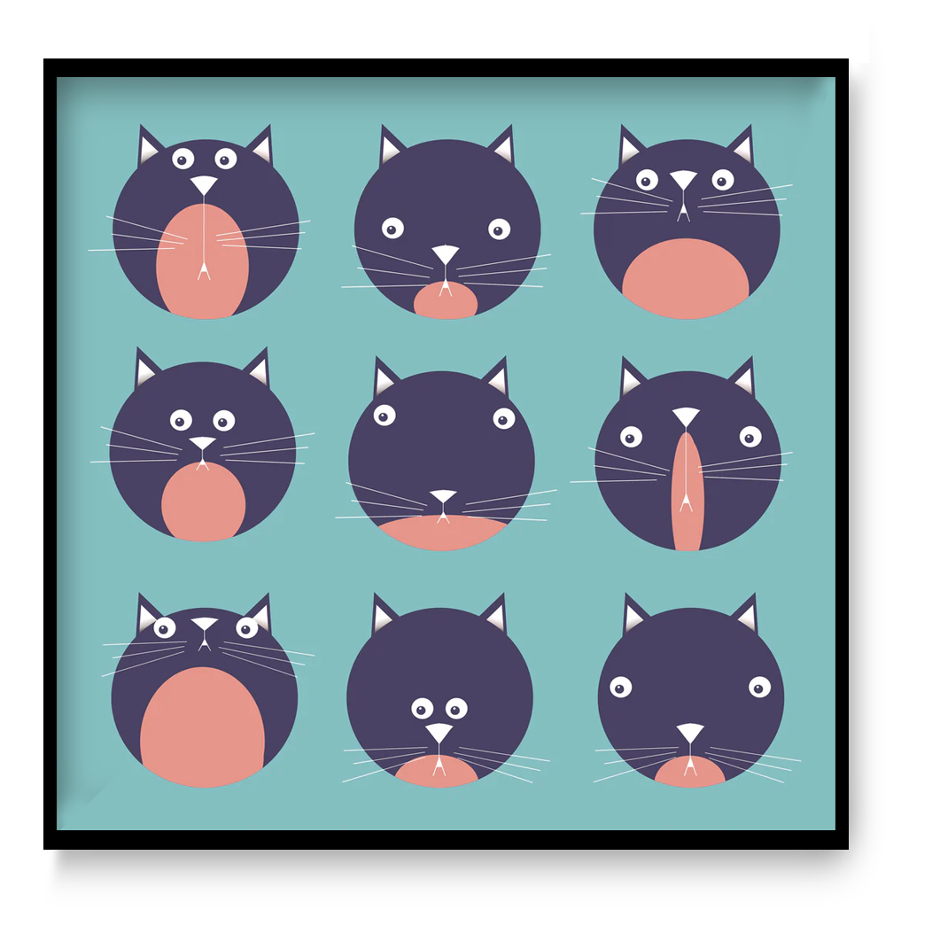 Illustration titled "9 Lives" by Studio Frits, featuring nine playful black and pink cartoon cat faces with varied expressions on a teal background. Perfect for cat lovers and modern home decor.