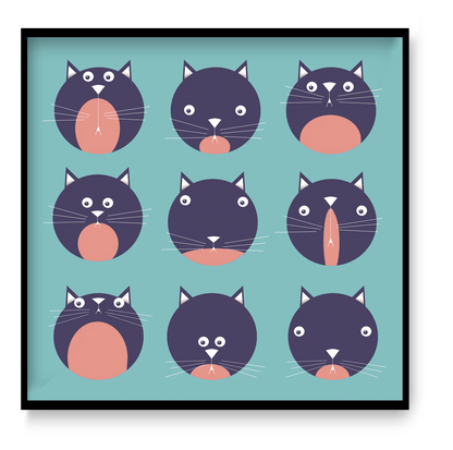 Illustration titled "9 Lives" by Studio Frits, featuring nine playful black and pink cartoon cat faces with varied expressions on a teal background. Perfect for cat lovers and modern home decor.
