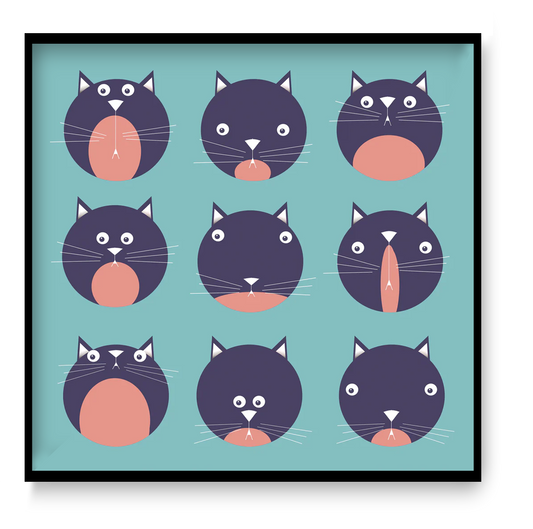 Illustration titled "9 Lives" by Studio Frits, featuring nine playful black and pink cartoon cat faces with varied expressions on a teal background. Perfect for cat lovers and modern home decor.