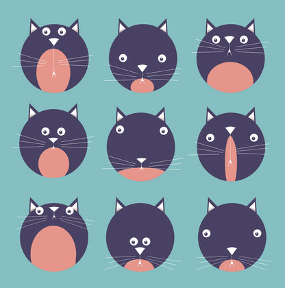 Illustration titled "9 Lives" by Studio Frits, featuring nine playful black and pink cartoon cat faces with varied expressions on a teal background. Perfect for cat lovers and modern home decor.