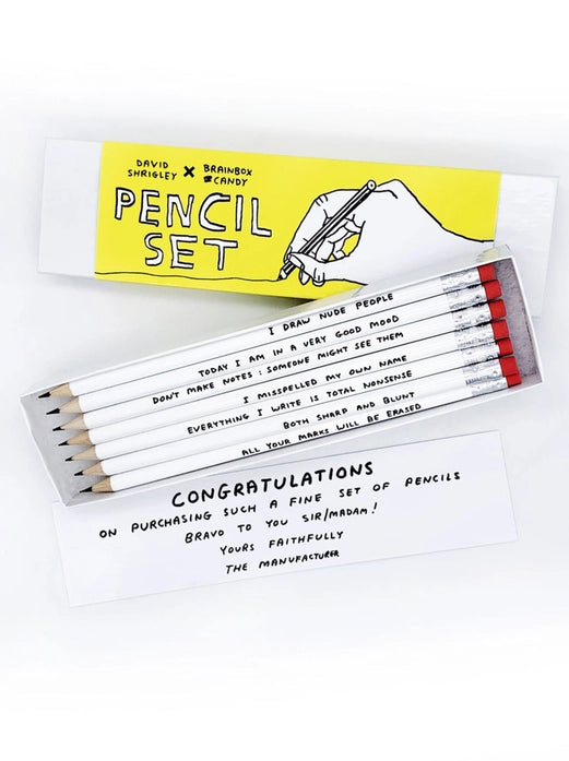 David Shrigley pencil set with 7 silver HB pencils in a yellow gift box, each featuring a humorous phrase by the British artist—ideal creative gift made in the UK for fans of quirky art and stationery.