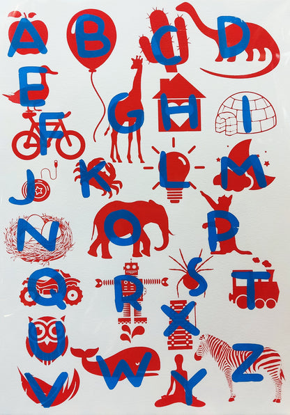 Playful and educational alphabet poster by De Zeverij featuring bold letters paired with charming red-blue or blue-yellow illustrations of animals, objects, and everyday items. Designed in a fun, screen-printed style perfect for children's rooms, classrooms, or creative spaces—an eye-catching blend of learning and modern design
