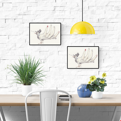  Surreal A6 art print of a bird-hand hybrid wearing a top hat and whispering “hey pssst” by Belgian illustrator FAB – whimsical pencil and watercolor illustration on textured Munken paper.