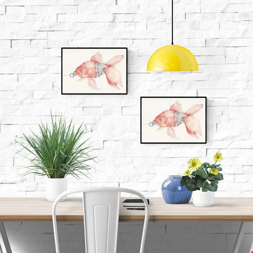 Delicate and whimsical illustration by FAB titled 'Baby Goldfish,' featuring a soft pink and orange goldfish with a pacifier in its mouth and the word 'hello' typed in red. Rendered in gentle pencil tones with a surreal twist, this charming and humorous artwork is perfect for nursery walls, quirky gift ideas, or fans of imaginative animal art