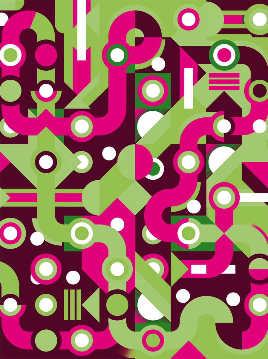 Colorful abstract geometric art print with flowing fuchsia and green lines, circles, and shapes forming a maze-like pattern. Modern wall art by Belgian illustrator Gert Paenen of Studio Frits, perfect for contemporary interiors and design lovers.