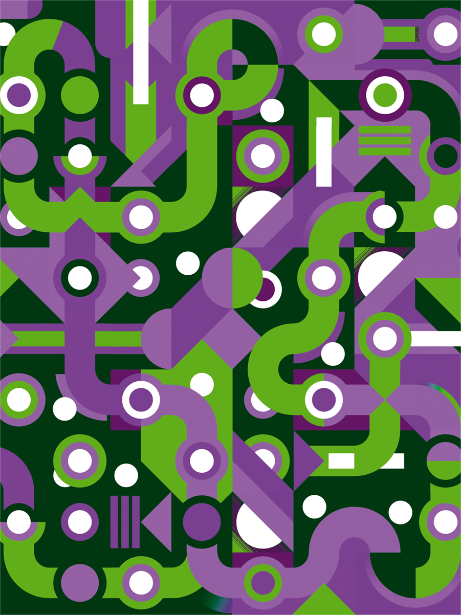 Colorful abstract geometric art print with flowing green and purple lines, circles, and shapes forming a maze-like pattern. Modern wall art by Belgian illustrator Gert Paenen of Studio Frits, perfect for contemporary interiors and design lovers.