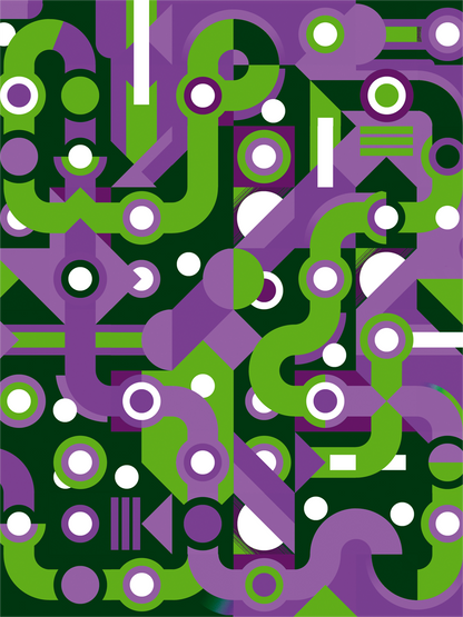 Colorful abstract geometric art print with flowing green and purple lines, circles, and shapes forming a maze-like pattern. Modern wall art by Belgian illustrator Gert Paenen of Studio Frits, perfect for contemporary interiors and design lovers.