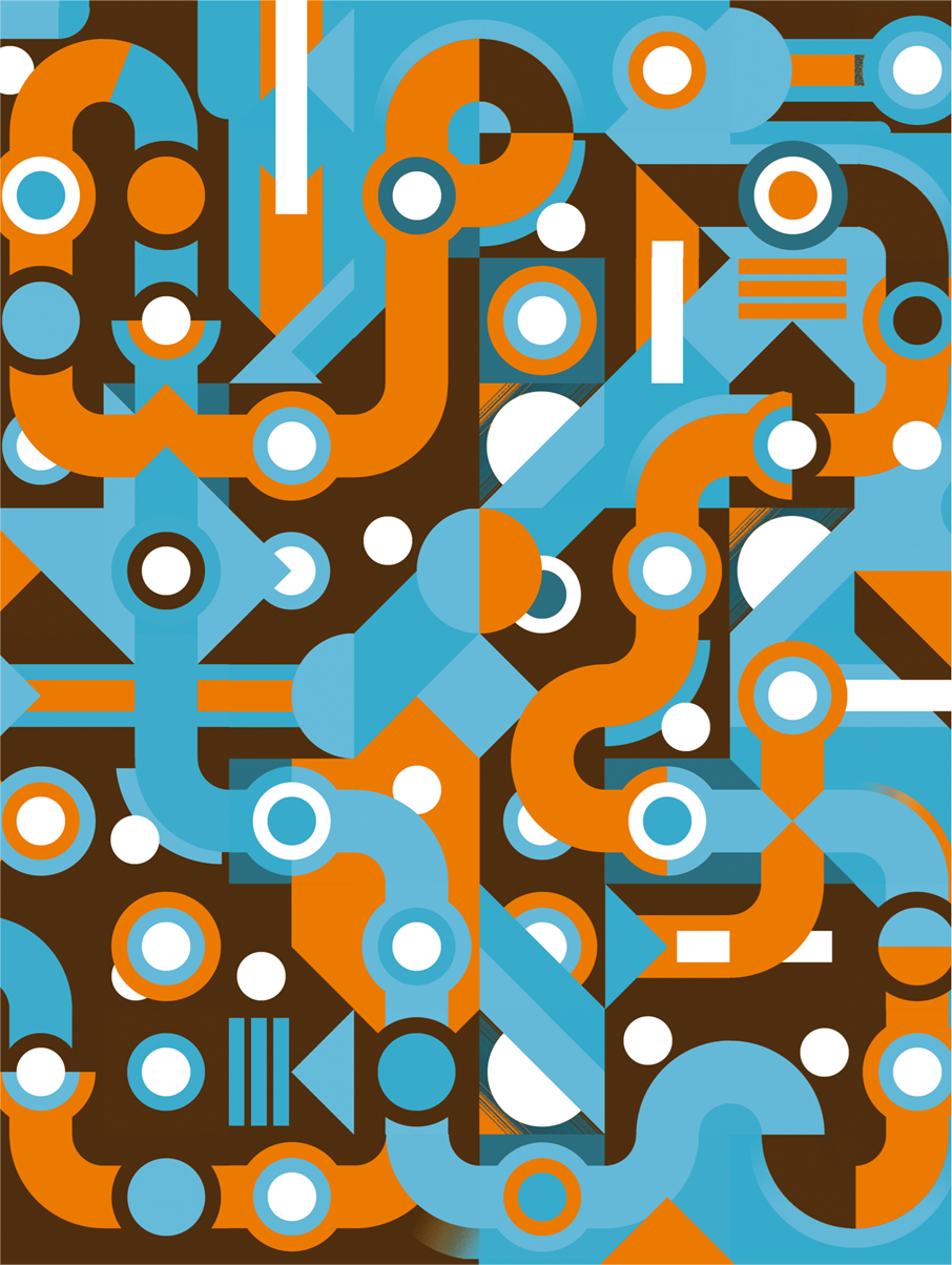 Colorful abstract geometric art print with flowing light blue and orange lines, circles, and shapes forming a maze-like pattern. Modern wall art by Belgian illustrator Gert Paenen of Studio Frits, perfect for contemporary interiors and design lovers.