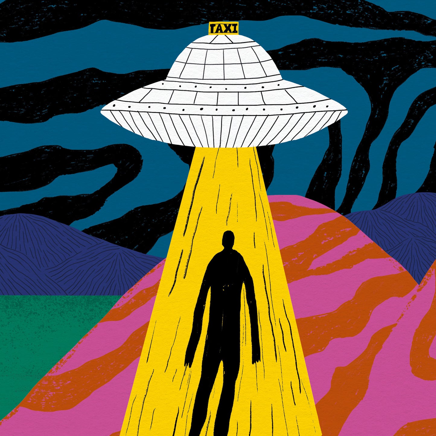 Colorful surreal art print of a flying saucer labeled "TAXI" beaming up a human figure from a winding road in psychedelic pink-orange hills and dark starry sky; illustration by Dans les Dents.