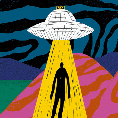 Colorful surreal art print of a flying saucer labeled "TAXI" beaming up a human figure from a winding road in psychedelic pink-orange hills and dark starry sky; illustration by Dans les Dents.
