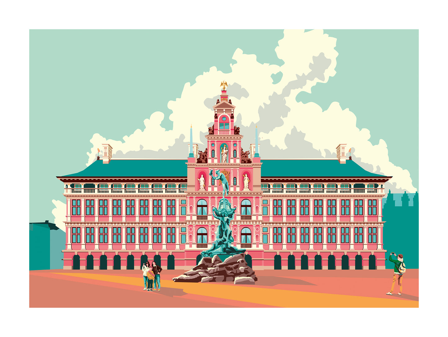 City Hall Antwerp digital art print by Studio Frits – colorful illustration of the Antwerp Stadhuis and Brabo fountain, in a bold graphic style on 300g fine art paper, made in Belgium.