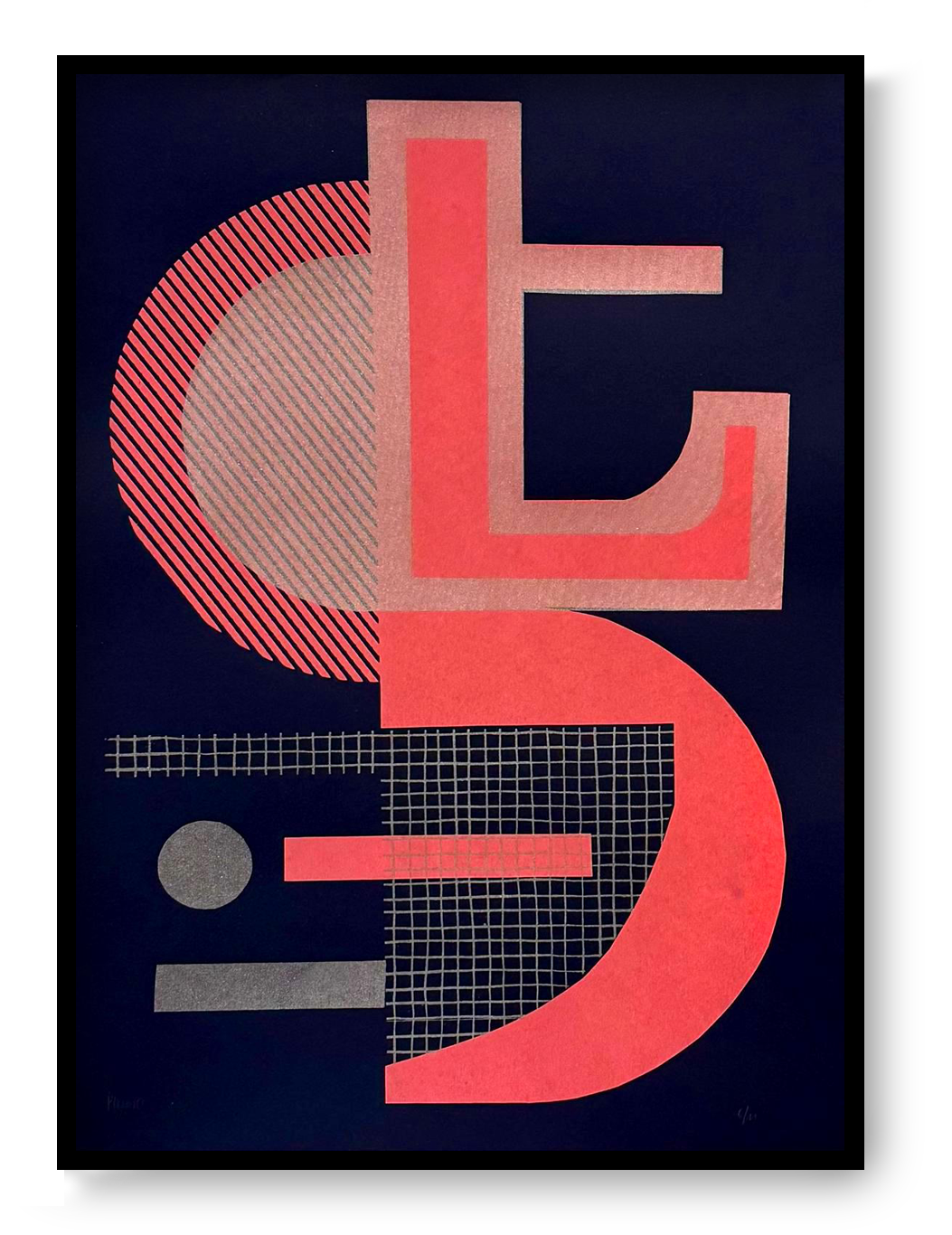 Abstract geometric screen print titled “Abstract Shapes 3” by Belgian artist PLUMO, featuring bold overlapping shapes, grid textures, and fluorescent colour combinations in a 35x50 cm limited edition hand-pulled silkscreen print, ideal for modern wall art and contemporary home decor in Belgium and Europe.