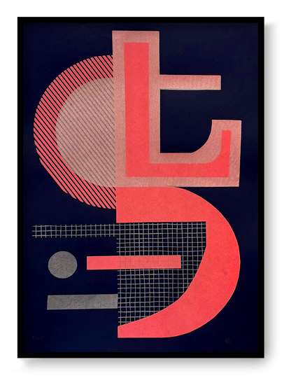 Abstract geometric screen print titled “Abstract Shapes 3” by Belgian artist PLUMO, featuring bold overlapping shapes, grid textures, and fluorescent colour combinations in a 35x50 cm limited edition hand-pulled silkscreen print, ideal for modern wall art and contemporary home decor in Belgium and Europe.