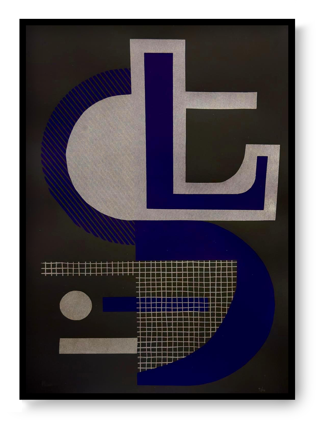 Abstract geometric screen print titled “Abstract Shapes 3” by Belgian artist PLUMO, featuring bold overlapping shapes, grid textures, and fluorescent colour combinations in a 35x50 cm limited edition hand-pulled silkscreen print, ideal for modern wall art and contemporary home decor in Belgium and Europe.