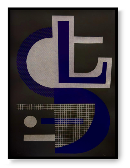 Abstract geometric screen print titled “Abstract Shapes 3” by Belgian artist PLUMO, featuring bold overlapping shapes, grid textures, and fluorescent colour combinations in a 35x50 cm limited edition hand-pulled silkscreen print, ideal for modern wall art and contemporary home decor in Belgium and Europe.