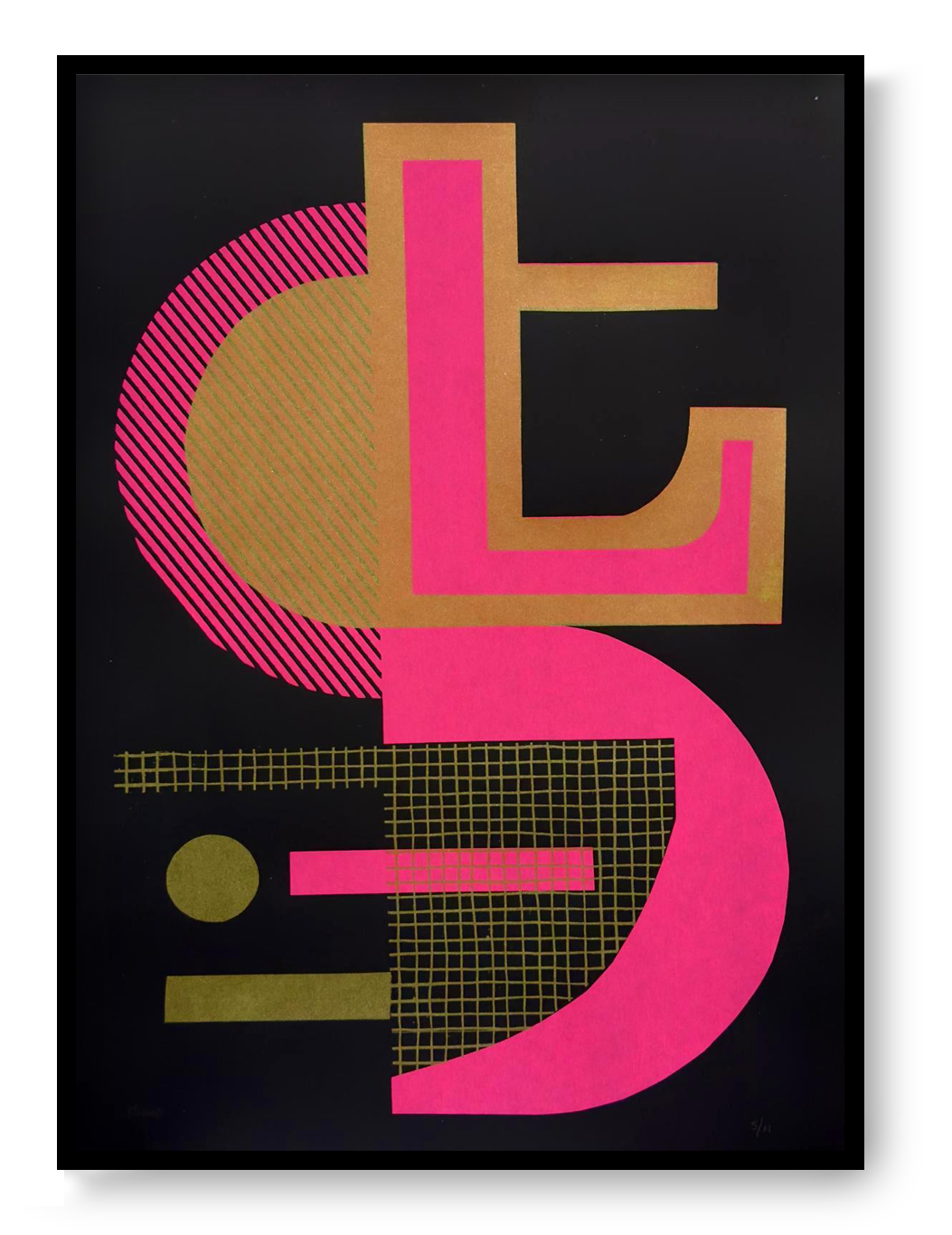 Abstract geometric screen print titled “Abstract Shapes 3” by Belgian artist PLUMO, featuring bold overlapping shapes, grid textures, and fluorescent colour combinations in a 35x50 cm limited edition hand-pulled silkscreen print, ideal for modern wall art and contemporary home decor in Belgium and Europe.