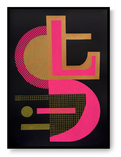 Abstract geometric screen print titled “Abstract Shapes 3” by Belgian artist PLUMO, featuring bold overlapping shapes, grid textures, and fluorescent colour combinations in a 35x50 cm limited edition hand-pulled silkscreen print, ideal for modern wall art and contemporary home decor in Belgium and Europe.