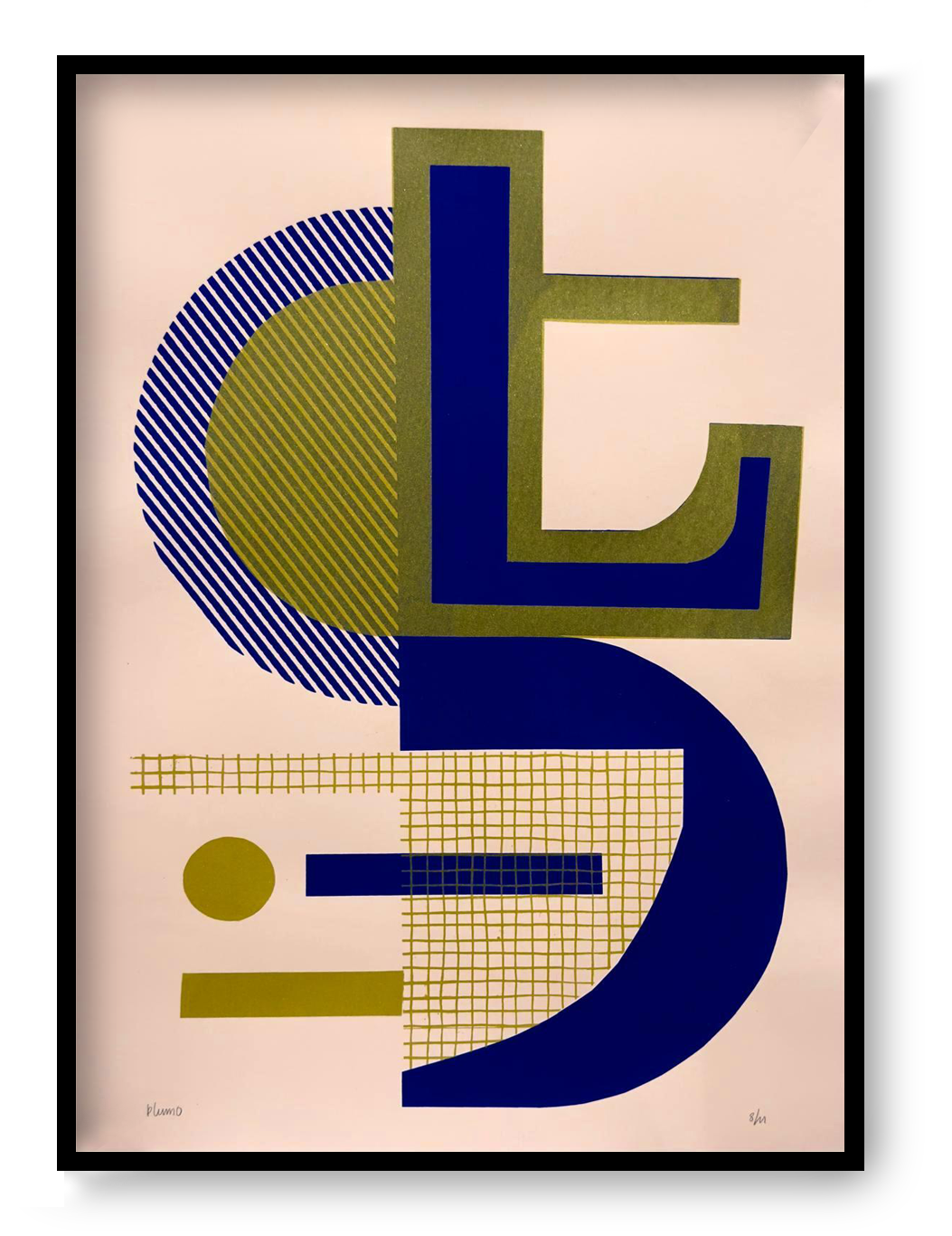 Abstract geometric screen print titled “Abstract Shapes 3” by Belgian artist PLUMO, featuring bold overlapping shapes, grid textures, and fluorescent colour combinations in a 35x50 cm limited edition hand-pulled silkscreen print, ideal for modern wall art and contemporary home decor in Belgium and Europe.