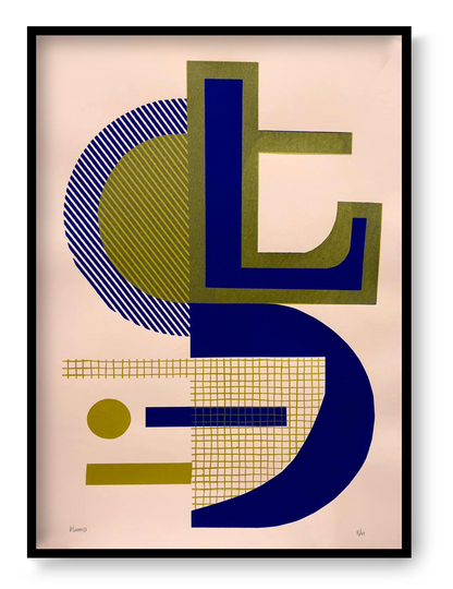 Abstract geometric screen print titled “Abstract Shapes 3” by Belgian artist PLUMO, featuring bold overlapping shapes, grid textures, and fluorescent colour combinations in a 35x50 cm limited edition hand-pulled silkscreen print, ideal for modern wall art and contemporary home decor in Belgium and Europe.