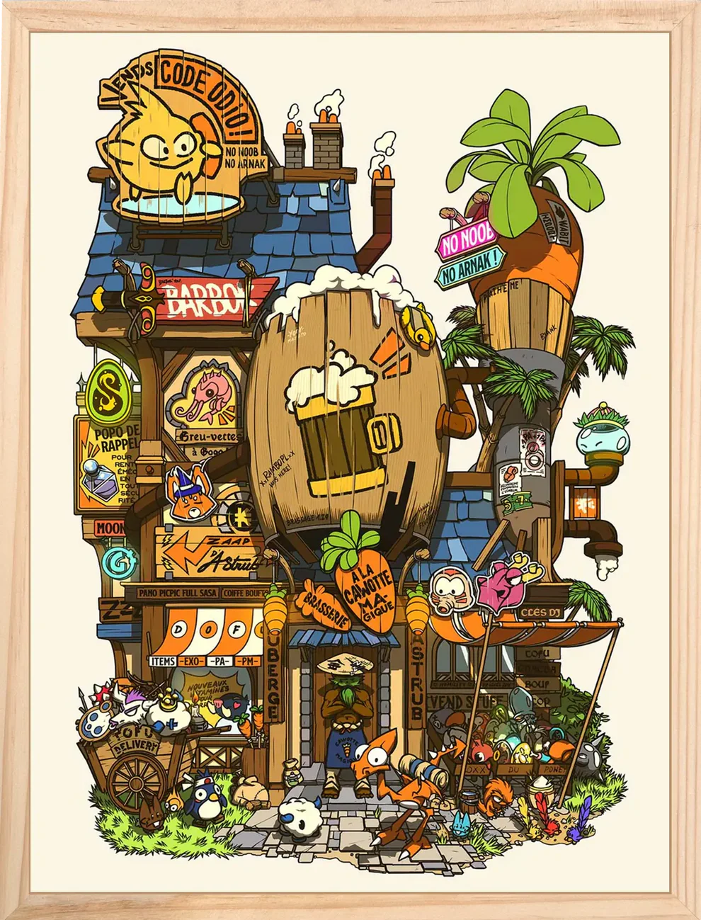 Colorful illustrated storefront scene by Paiheme Studio, featuring manga-style characters, retro Japanese signs, and fantasy creatures in a whimsical, busy urban setting. 30 x 40 cm art print on matte paper, perfect for fans of anime aesthetics and Japanese pop culture posters.