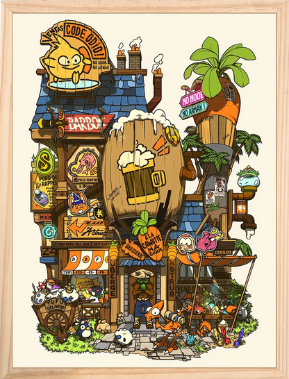 Colorful illustrated storefront scene by Paiheme Studio, featuring manga-style characters, retro Japanese signs, and fantasy creatures in a whimsical, busy urban setting. 30 x 40 cm art print on matte paper, perfect for fans of anime aesthetics and Japanese pop culture posters.