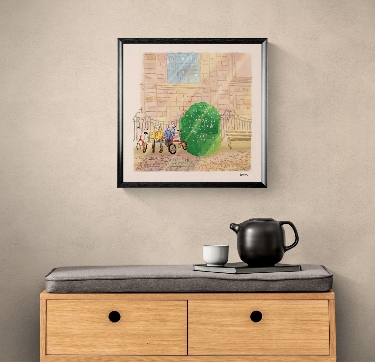 Whimsical cityscape art print of Hendrik Conscienceplein by Valeria Maggiani – charming square scene in Antwerp with two elderly figures and bicycles, printed in warm tones on 29x29 cm fine art paper.
