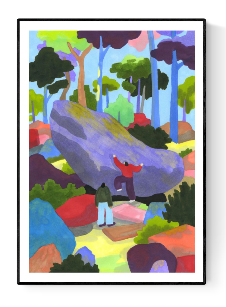Colorful art print of two people bouldering in Fontainebleau forest, surrounded by vibrant rocks and tall trees – outdoor climbing illustration by Agathe Meunier, perfect for nature lovers and wall art collectors