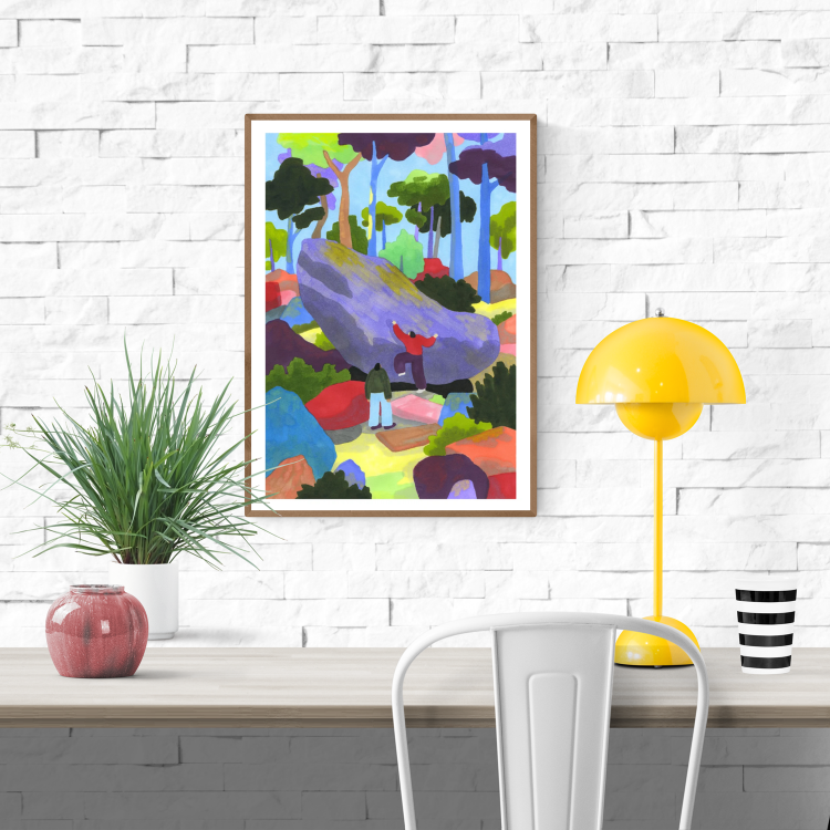 Colorful art print of two people bouldering in Fontainebleau forest, surrounded by vibrant rocks and tall trees – outdoor climbing illustration by Agathe Meunier, perfect for nature lovers and wall art collectors