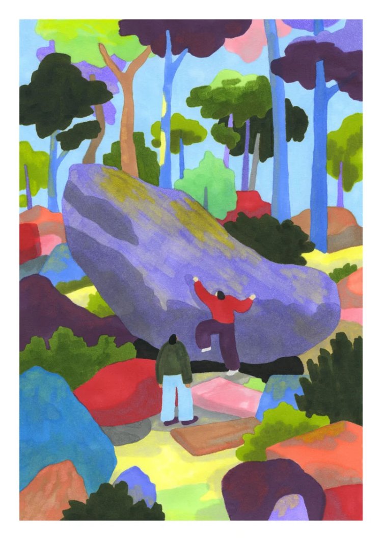 Colorful art print of two people bouldering in Fontainebleau forest, surrounded by vibrant rocks and tall trees – outdoor climbing illustration by Agathe Meunier, perfect for nature lovers and wall art collectors