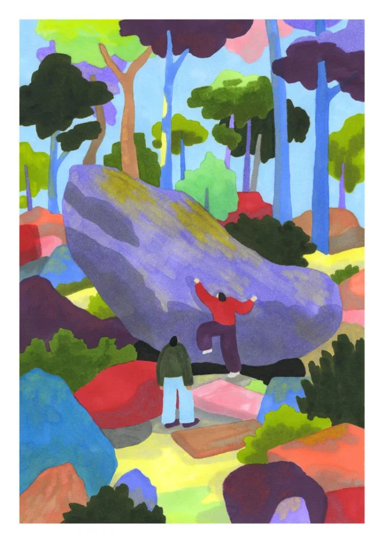 Colorful risograph forest illustration by Agathe Meunier inspired by Fontainebleau, featuring climbers, rocks, and bold shapes in a playful outdoor scene.