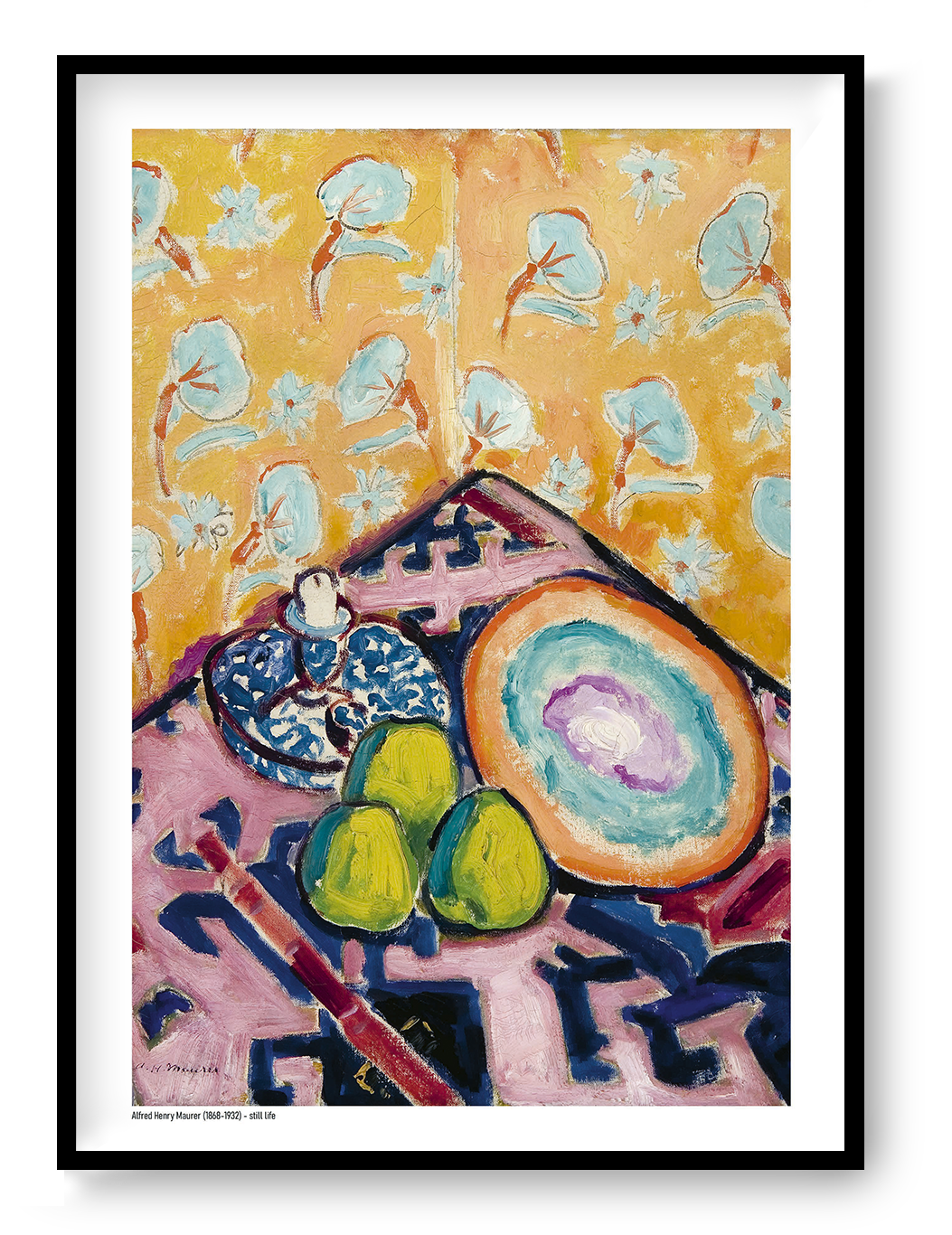 Portrait A4 art print of a colourful still life by Alfred Henry Maurer, featuring green fruit, a large circular plate and floral patterns in orange, turquoise, pink and blue, ideal for kitchen, dining room or eclectic wall decor.