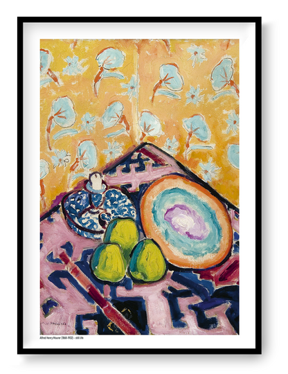 Portrait A4 art print of a colourful still life by Alfred Henry Maurer, featuring green fruit, a large circular plate and floral patterns in orange, turquoise, pink and blue, ideal for kitchen, dining room or eclectic wall decor.