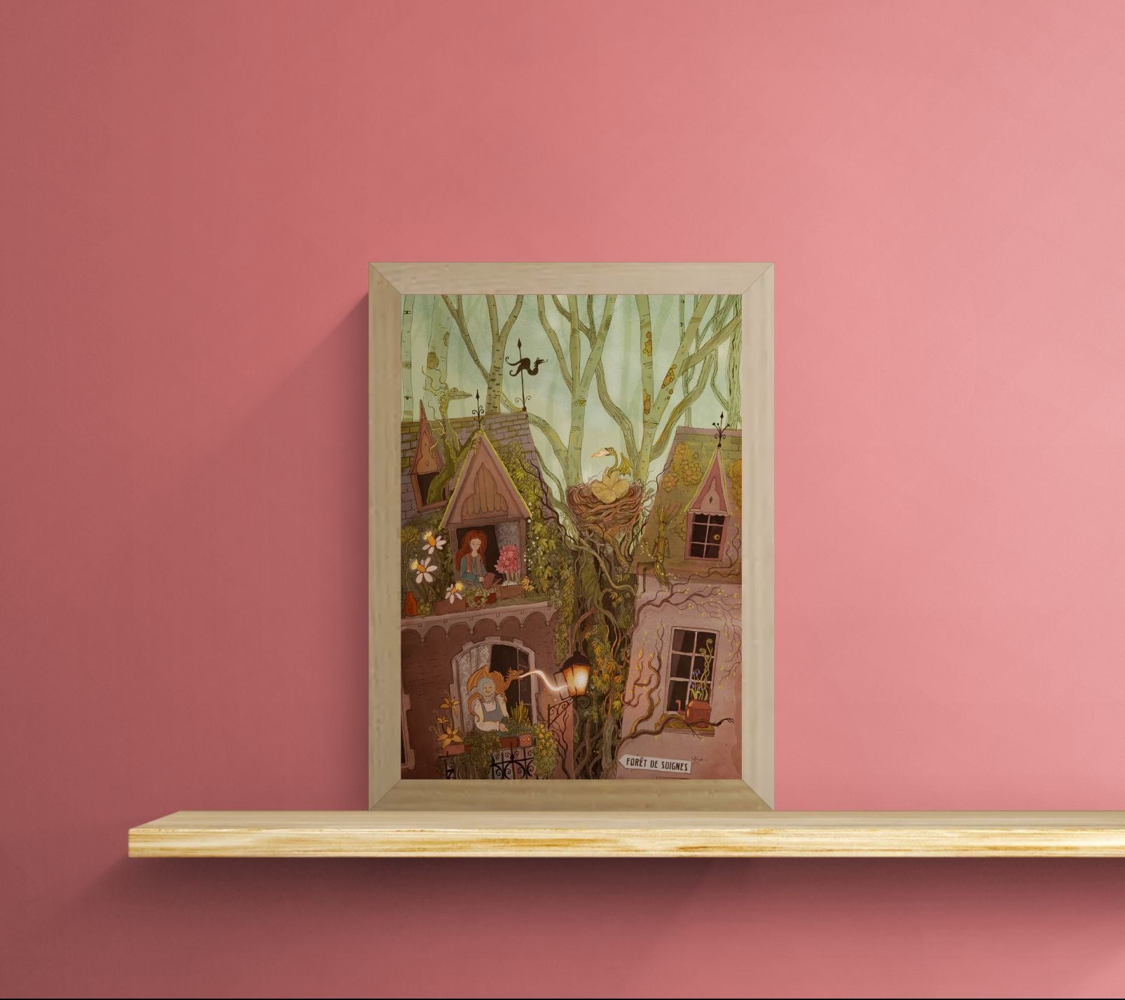 Detailed fantasy giclée art print showing a whimsical Brussels townhouse surrounded by hidden dragons, lush trees, and magical urban folklore elements in rich green and earthy tones, ideal for living room, reading nook, or creative home decor.