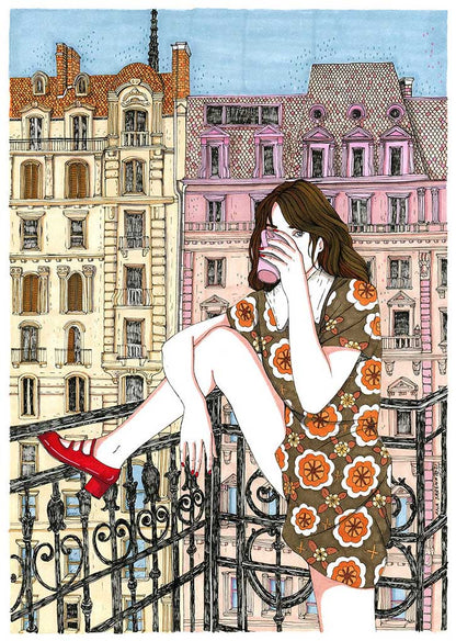 A4 illustration print by Spanish artist Ana Jarén – woman in retro floral dress enjoying coffee on a Paris-style balcony, with pastel architecture in the background, printed on acid-free 200 gsm paper – feminine, urban art for modern interiors.