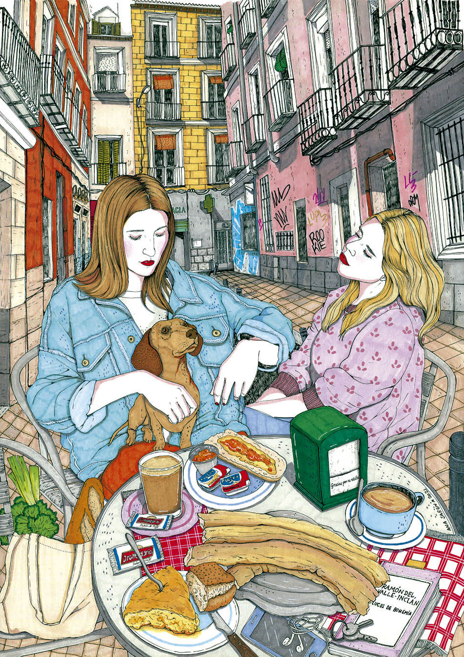 Colourful art print by Spanish illustrator Ana Jarén showing two women enjoying a typical Madrid breakfast with churros, coffee and pastries in the lively Malasaña neighbourhood – 29.7 x 42 cm, perfect wall art to bring Spanish charm to your home.