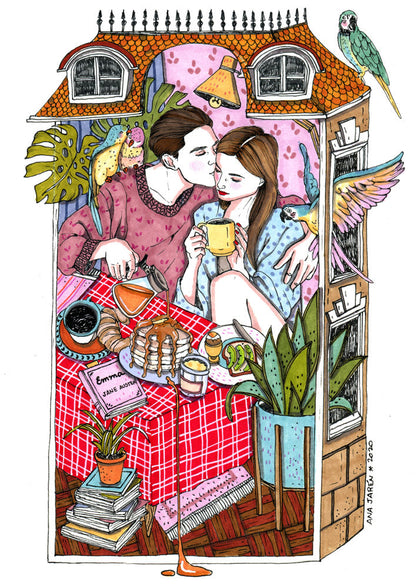 Romantic illustration by Ana Jarén of a couple sharing brunch in bed, surrounded by tropical plants, birds, and cozy details – A4 art print on acid-free paper, perfect for lovers of intimate, everyday life scenes.