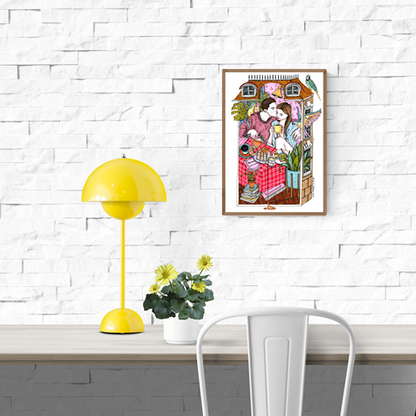Romantic illustration by Ana Jarén of a couple sharing brunch in bed, surrounded by tropical plants, birds, and cozy details – A4 art print on acid-free paper, perfect for lovers of intimate, everyday life scenes.