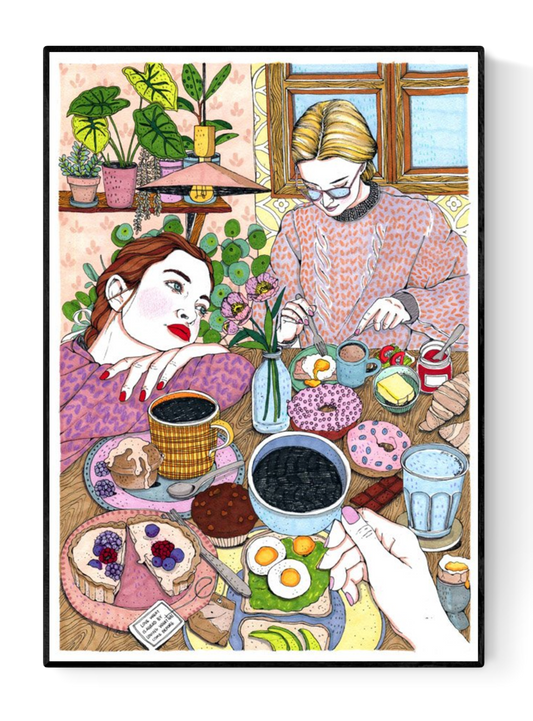 Art print by Ana Jarén featuring a dreamy breakfast table filled with pastries, fruit, coffee, and colourful details, with a young woman resting her head, illustrated in delicate lines and vivid colours.