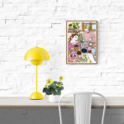 Art print by Ana Jarén featuring a dreamy breakfast table filled with pastries, fruit, coffee, and colourful details, with a young woman resting her head, illustrated in delicate lines and vivid colours.