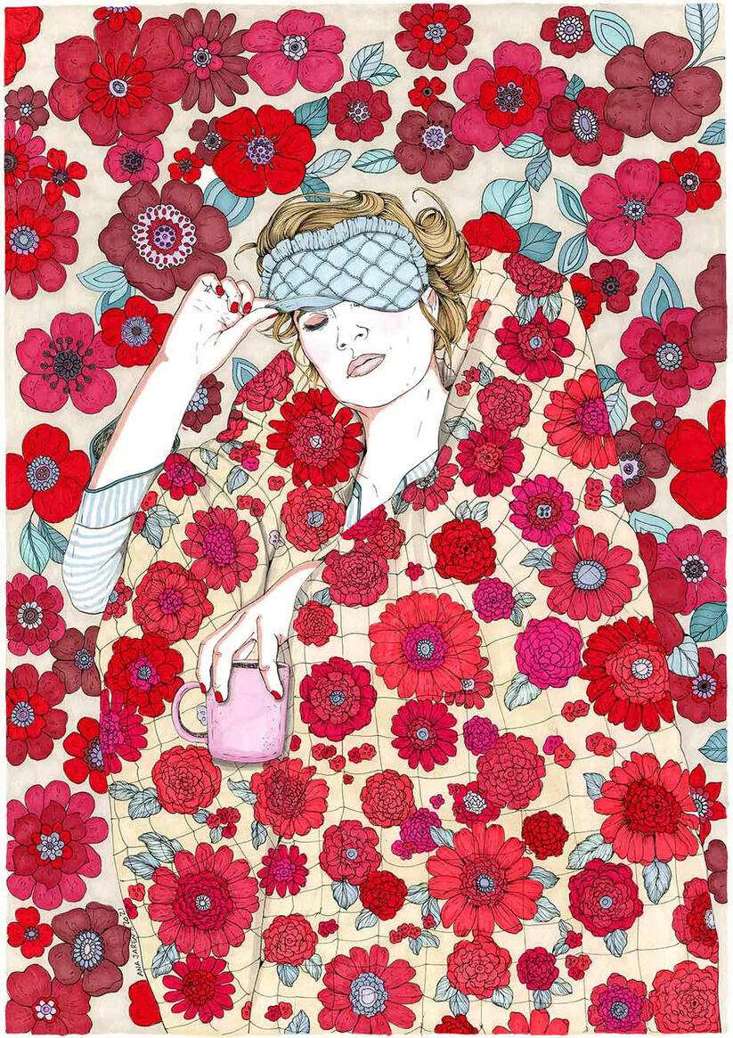 Art print by Ana Jarén showing a woman wrapped in a vibrant floral duvet with a pink coffee mug in hand, surrounded by delicate red and pink flowers — cosy, feminine, and ideal for interior decoration.