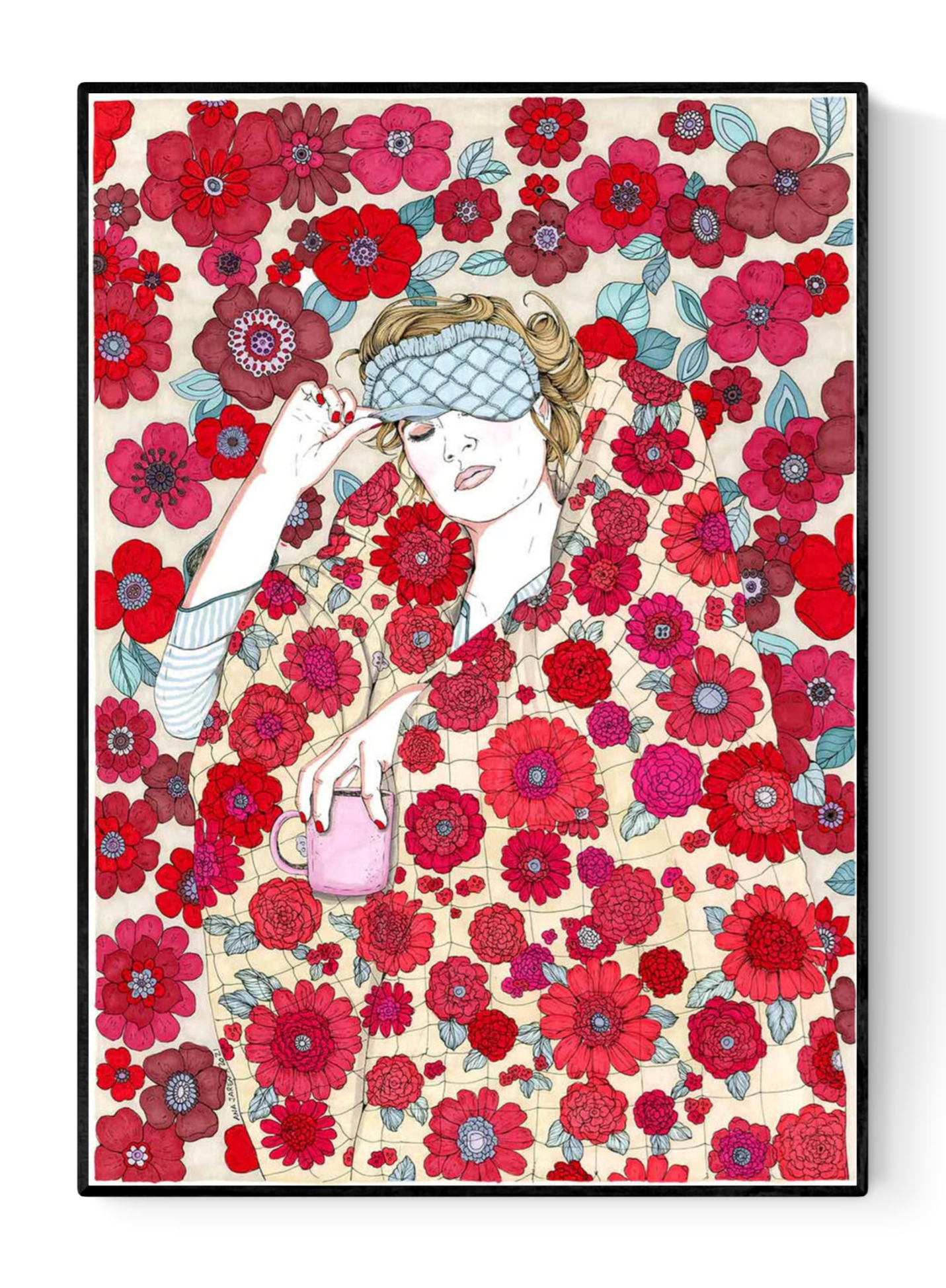 Art print by Ana Jarén showing a woman wrapped in a vibrant floral duvet with a pink coffee mug in hand, surrounded by delicate red and pink flowers — cosy, feminine, and ideal for interior decoration.