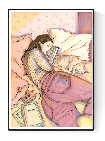 Illustration of a young woman napping with a book in hand, a sleeping cat beside her, and vintage objects like a Walkman on the bed – Morning nap by Ana Jarén, A4 art print.