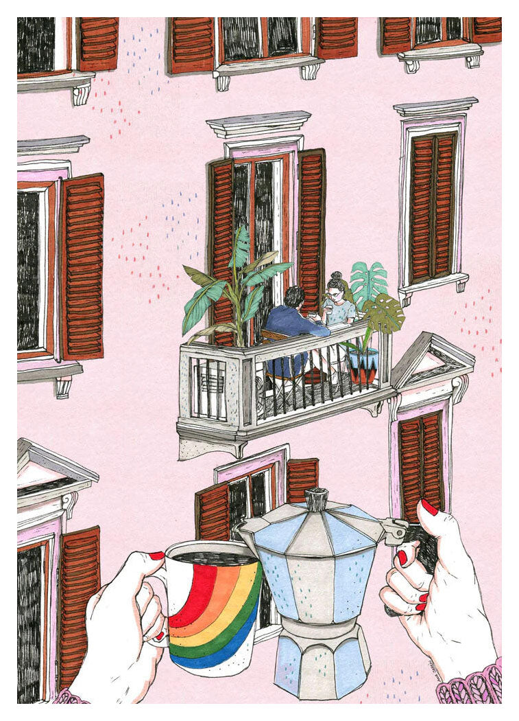 Illustration of a hand holding a rainbow mug and coffee pot with a couple on a balcony in the background – Rainbow by Ana Jarén, A4 art print made in Spain.