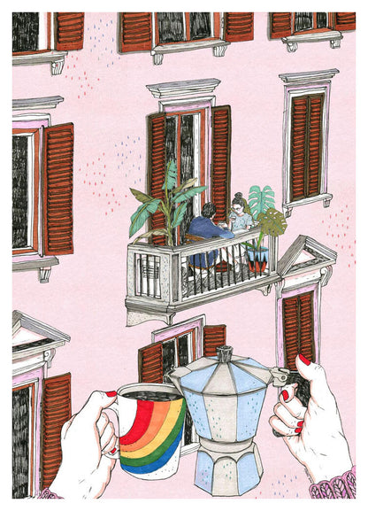 Illustration of a hand holding a rainbow mug and coffee pot with a couple on a balcony in the background – Rainbow by Ana Jarén, A4 art print made in Spain.