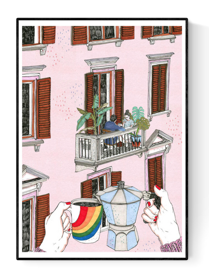Illustration of a hand holding a rainbow mug and coffee pot with a couple on a balcony in the background – Rainbow by Ana Jarén, A4 art print made in Spain.