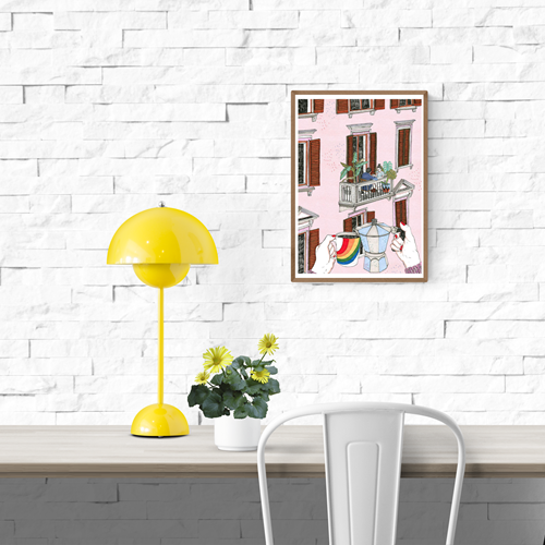 Illustration of a hand holding a rainbow mug and coffee pot with a couple on a balcony in the background – Rainbow by Ana Jarén, A4 art print made in Spain.