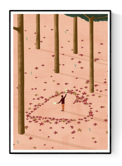 A3 Giclée art print titled The Welcome by Ana Yael, showing a person in a forest forming a glowing doorway from fallen red leaves. Printed on 192g Epson Enhanced Matte paper in Spain. Conceptual illustration with warm colors and introspective tone.