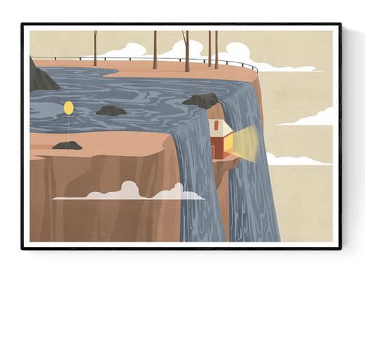 Giclée art print “Water View” by Ana Yael, showing a surreal house built into a waterfall cliff with a glowing window beam, printed on 192g Epson Enhanced Matte paper. A dreamlike and conceptual illustration.